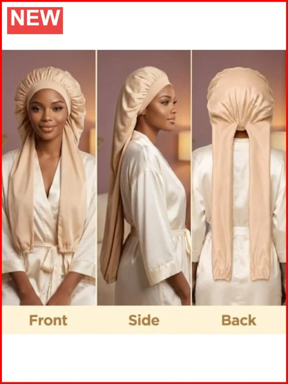 Ice Silk Long Hair Bonnet for Sleeping, Non-Slip Wide Elastic, Frizz Control